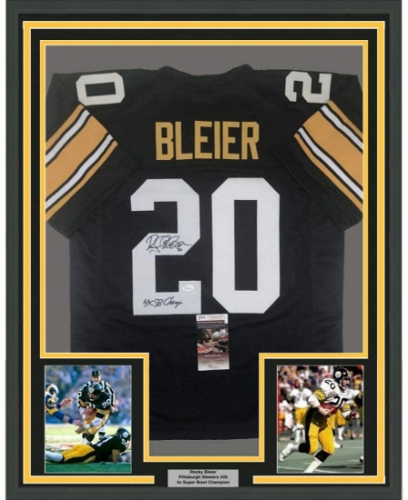 Framed Autographed/Signed Rocky Bleier 4x SB Champ 33x42 Pittsburgh Black Football Jersey JSA COA