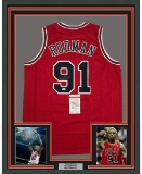 Framed Autographed/Signed Dennis Rodman 33x42 Chicago Red Basketball Jersey JSA COA