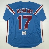Autographed/Signed Rhys Hoskins Philadelphia Retro Blue Baseball Jersey Beckett BAS COA