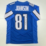 Autographed/Signed Calvin Johnson HOF 21 Detroit Blue Football Jersey JSA COA