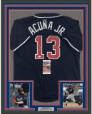 Framed Autographed/Signed Ronald Acuna Jr. 33x42 Atlanta Blue Baseball Jersey JSA COA