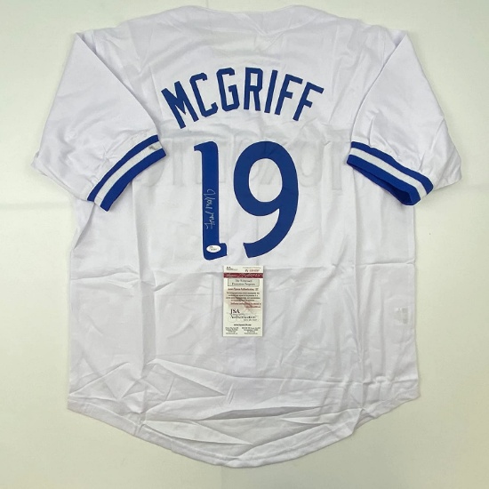 Autographed/Signed Fred McGriff Toronto White Baseball Jersey JSA COA