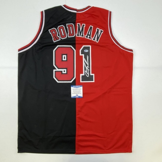 Autographed/Signed Dennis Rodman Chicago Split Red/Black Basketball Jersey Beckett BAS COA