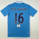 Autographed/Signed Sergio Kun Aguero Manchester City Blue Soccer Futbol Jersey Beckett BAS COA