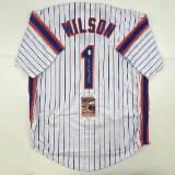 Autographed/Signed Mookie Wilson New York Pinstripe Baseball Jersey JSA COA