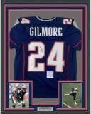 Framed Autographed/Signed Stephon Gilmore 33x42 New England Blue Football Jersey PSA/DNA COA