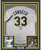 Framed Autographed/Signed Jose Canseco 33x42 Oakland White Baseball Jersey JSA COA