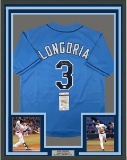 Framed Autographed/Signed Evan Longoria 33x42 Tampa Bay Light Blue Baseball Jersey JSA COA