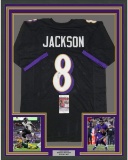 Framed Autographed/Signed Lamar Jackson 33x42 Baltimore Black Football Jersey JSA COA