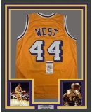 Framed Autographed/Signed Jerry West 33x42 Los Angeles LA Yellow Basketball Jersey JSA COA