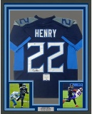 Framed Autographed/Signed Derrick Henry 33x42 Tennessee Dark Blue Football Jersey Beckett BAS COA