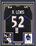 Framed Autographed/Signed Ray Lewis 33x42 Baltimore Black Football Jersey JSA COA