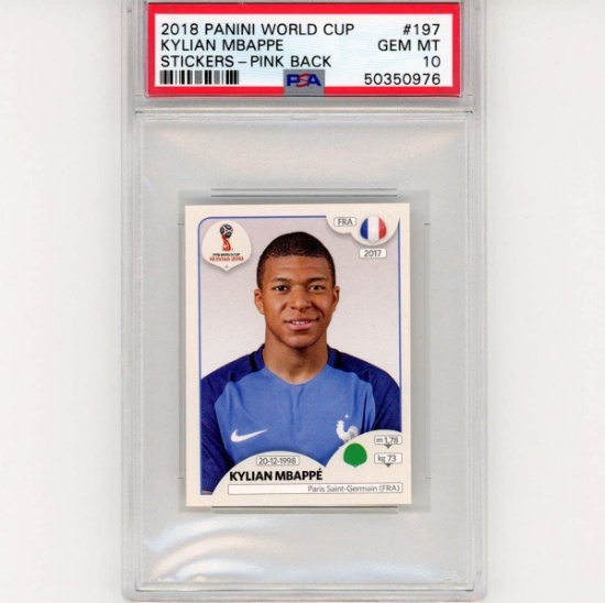 Graded 2018 Panini World Cup Kylian Mbappe #197 Stickers Pink Back Rookie RC Card PSA 10 Gem Mint