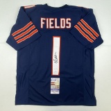 Autographed/Signed Justin Fields Chicago Blue Football Jersey JSA COA