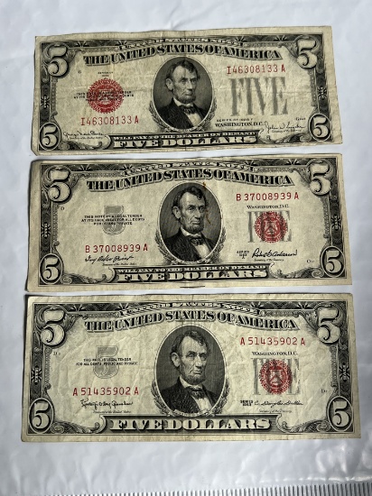1928-1953-1963 $5 Red Seal Notes