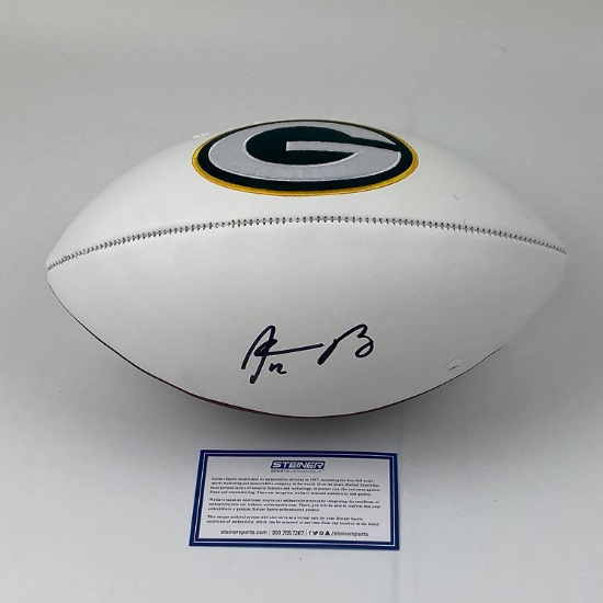 Autographed/Signed Aaron Rodgers Packers Full Size White Panel Logo Football Steiner Sports COA