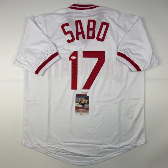 Autographed/Signed Chris Sabo Cincinnati White Baseball Jersey JSA COA