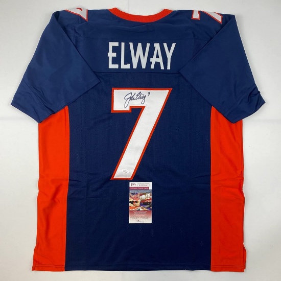 Autographed/Signed John Elway Denver Blue Football Jersey JSA COA