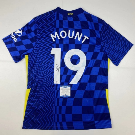 Autographed/Signed Mason Mount Chelsea FC Blue Soccer Futbol Jersey Beckett BAS COA