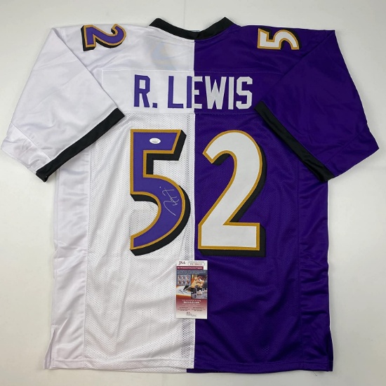 Autographed/Signed Ray Lewis Baltimore Split Purple White Football Jersey JSA COA