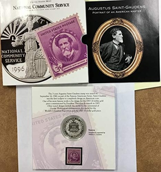 1996 National Community Service Proof Silver Dollar Coin and Stamp Set OGP