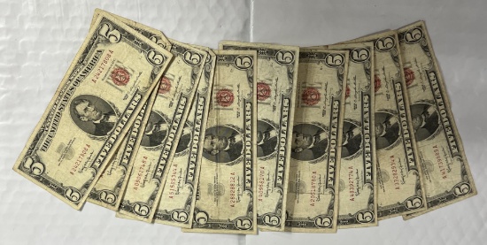 (10) 1963 $5 Red Seal Notes