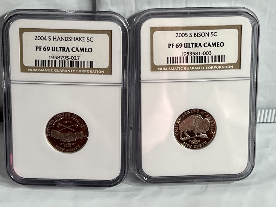 2004 S Handshake + 2005 S Bison Jefferson Nickels PF69 Ultra Cameo NGC