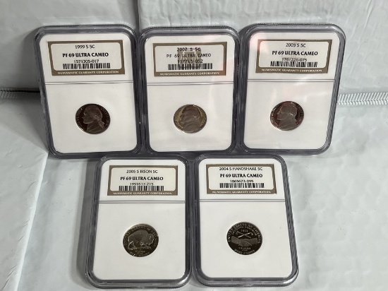 1999S-2002S-2003S-2004S Handshake-2005 S Bison Jefferson Nickels PF69 Ultra Cameo NGC