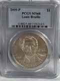 2009 P Louis Braille Silver Dollar MS68 PCGS