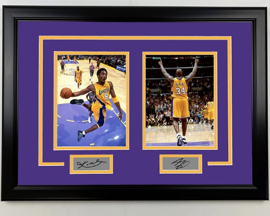 Framed Kobe Bryant and Shaquille O'Neal Facsimile Laser Engraved Signatures Lakers 17x23 Dual Photo