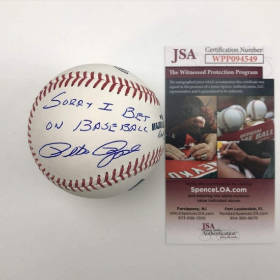Autographed/Signed Pete Rose Sorry I Bet On Baseball Rawlings ROML JSA COA