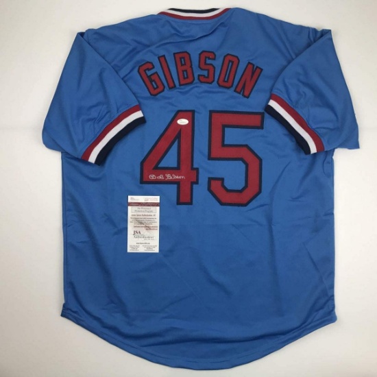 Autographed/Signed Bob Gibson St. Louis Blue Baseball Jersey JSA COA
