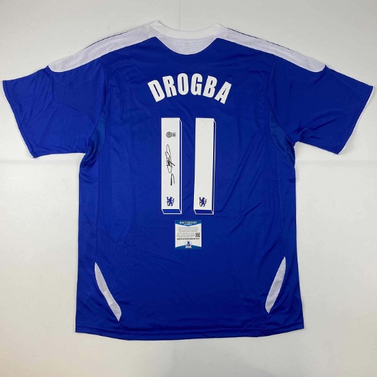 Autographed/Signed Didier Drogba Chelsea FC Blue Soccer Futbol Jersey Beckett BAS COA