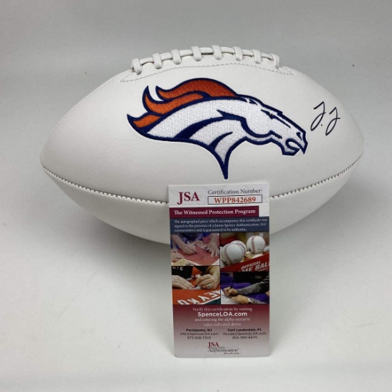 Autographed/Signed Jerry Jeudy Denver Broncos Full Size FS White Panel Logo Football JSA COA