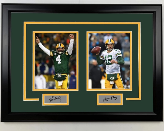 Framed Brett Favre and Aaron Rodgers Facsimile Laser Engraved Signatures Packers 17x23 Dual Photo