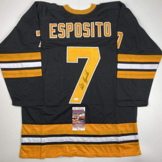 Autographed/Signed Phil Esposito Boston Black Hockey Jersey JSA COA