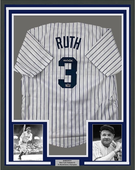 Framed Facsimile Autographed Babe Ruth 33x42 New York Pinstripe Reprint Laser Auto Baseball Jersey