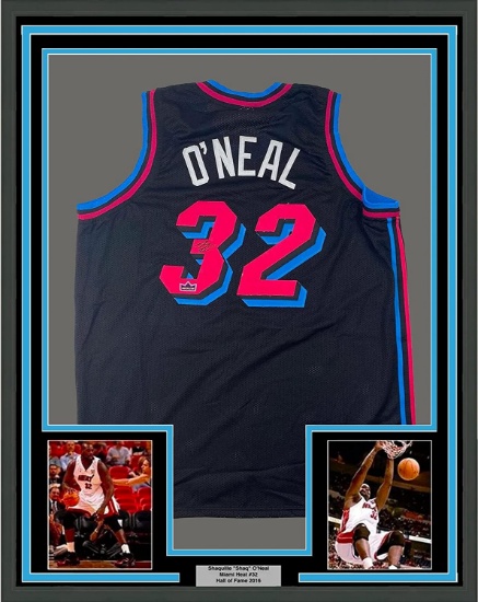 Framed Facsimile Autographed Shaquille Shaq O'Neal 33x42 Miami Black Vice City Reprint Laser Jersey