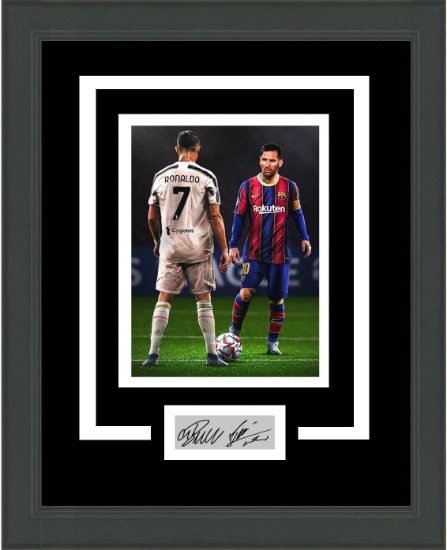 Framed Lionel Messi Cristiano Ronaldo Facsimile Laser Engraved Auto Barcelona Juventus 14x17 Photo