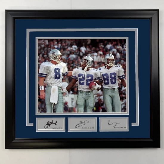 Framed Troy Aikman, Emmitt Smith and Michael Irvin Facsimile Laser Engraved Signatures 19x21 Photo