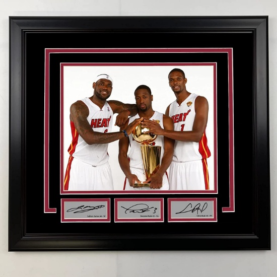 Framed LeBron James, Dwyane Wade, Chris Bosh Facsimile Laser Engraved Signatures Heat 19x21 Photo