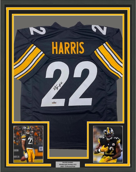 Framed Facsimile Autographed Najee Harris 33x42 Pittsburgh Black Reprint Laser Auto Football Jersey