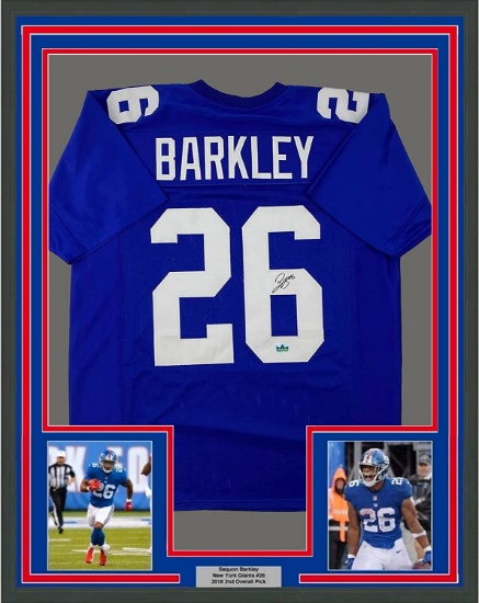 Framed Facsimile Autographed Saquon Barkley 33x42 New York Blue Reprint Laser Auto Football Jersey