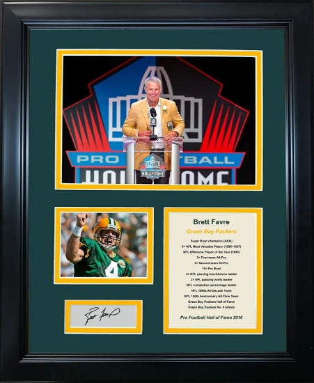 Framed Brett Favre Hall of Fame Facsimile Laser Engraved Signature Green Bay Packers 12"x15" Photo