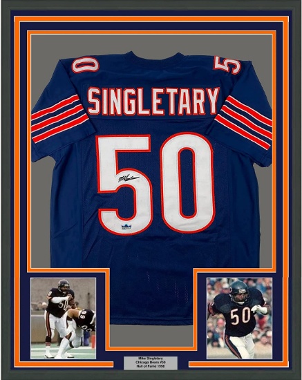 Framed Facsimile Autographed Mike Singletary 33x42 Chicago Blue Reprint Laser Jersey Size Men's XL