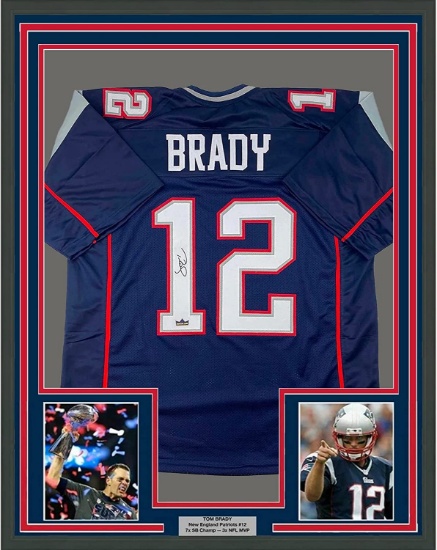 Framed Facsimile Autographed Tom Brady 33x42 New England Blue Reprint Laser Auto Football Jersey
