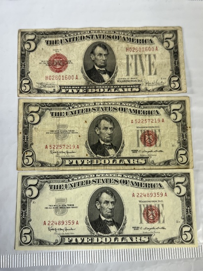 1928-1953-1963 $5 Red Seal Notes