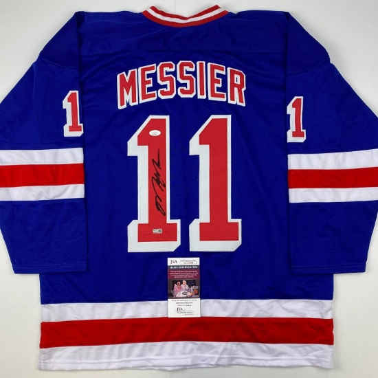 Autographed/Signed Mark Messier New York Blue Hockey Jersey JSA COA