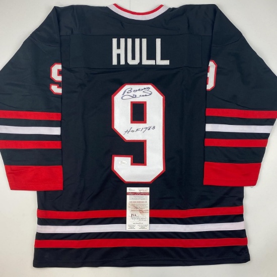 Autographed/Signed Bobby Hull"HOF 1983" Chicago Black Hockey Jersey JSA COA