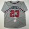 Autographed/Signed David Justice Atlanta Grey Baseball Jersey JSA COA
